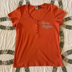 Harley Davidson Bright Orange Short-Sleeve Henley Tee Women’s Size 1W